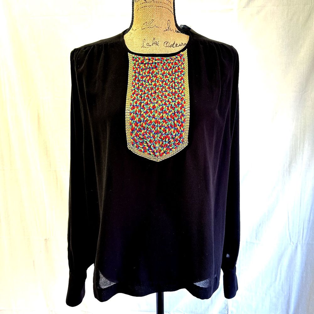 Lauren B Black Embroidered Silk Blouse SZ M Long Bishop Sleeve Boho Back Buttons